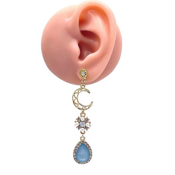 Yellow Gold with Blue and White Crystal Heart Moon Mismatch Post Back Earrings - Picture 7 of 7